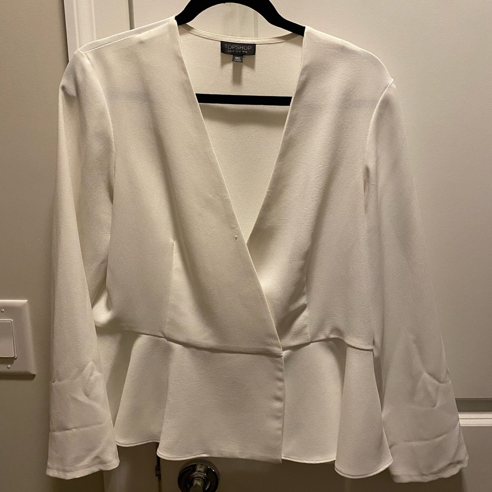 Topshop White Long Sleeve Wrap Peplum Blouse